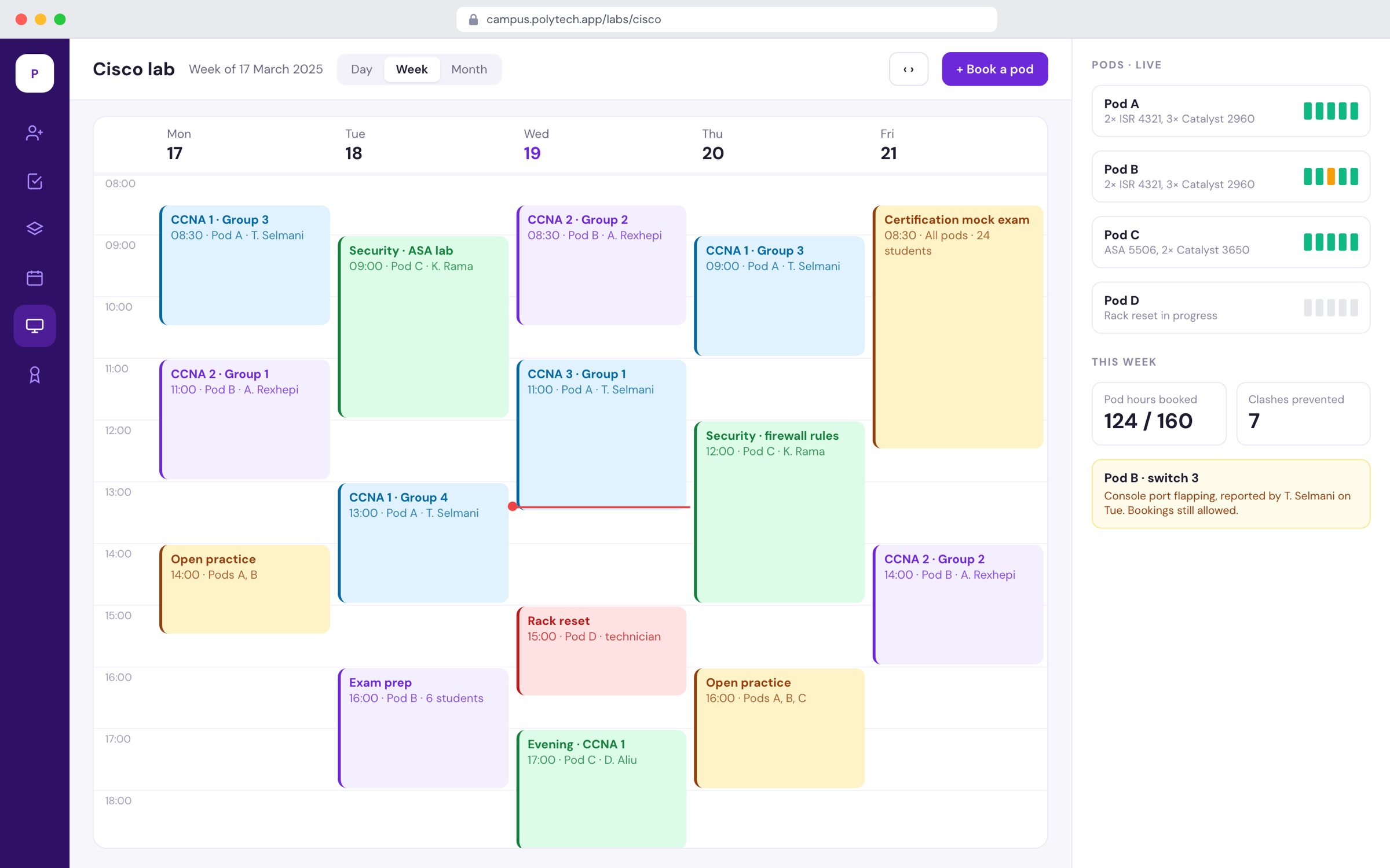 Weekly Cisco lab schedule with pods booked by group