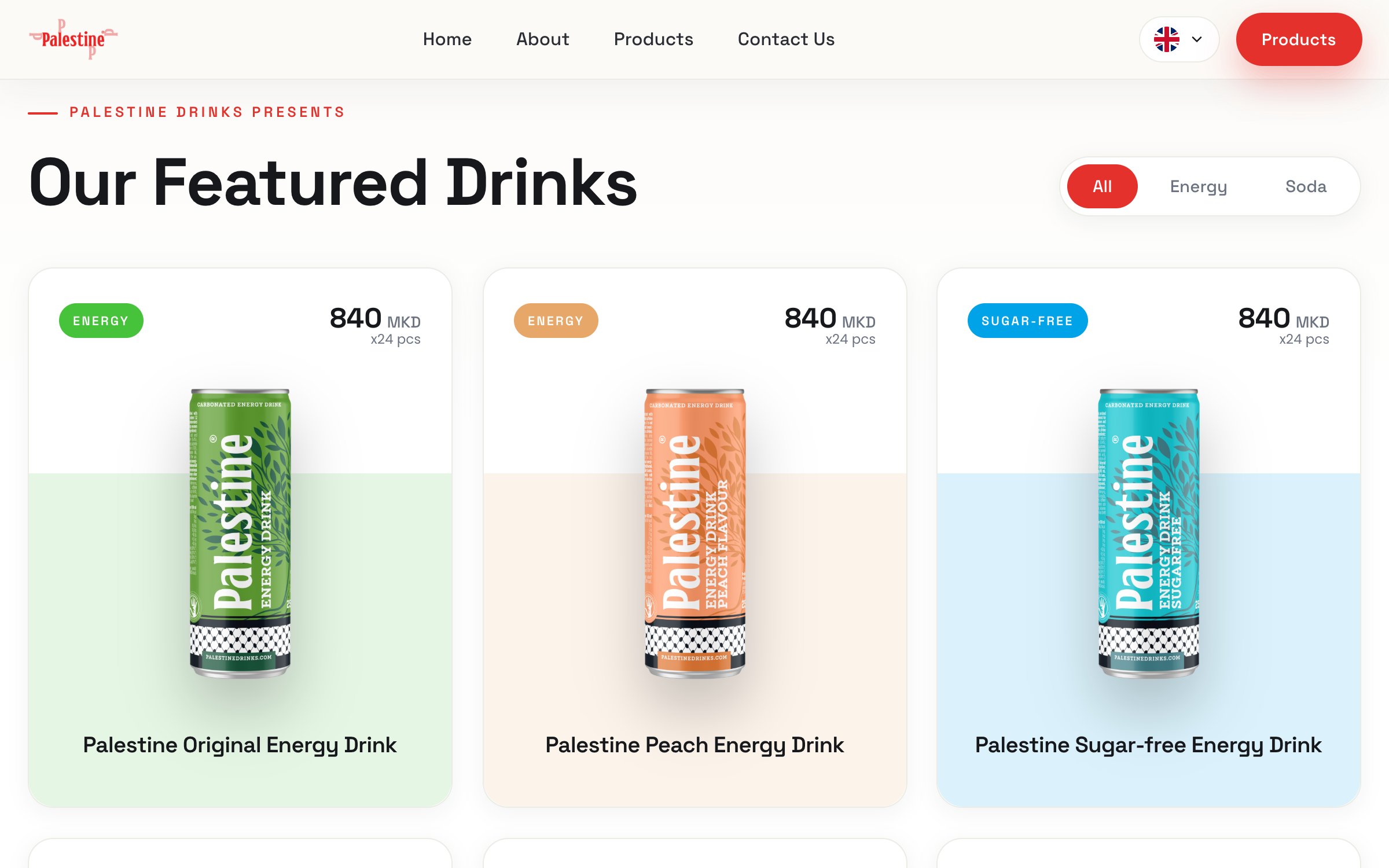 The product range, filterable by energy and soda, with prices per case